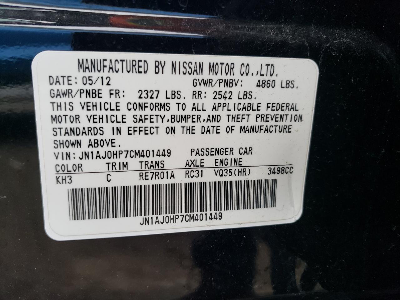 2012 Infiniti Ex35 Base VIN: JN1AJ0HP7CM401449 Lot: 79946604