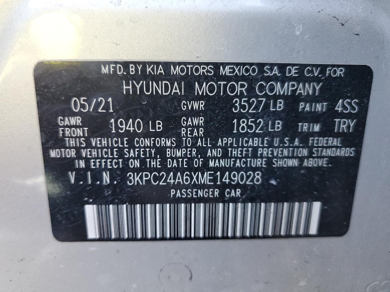 2021 Hyundai Accent Se VIN: 3KPC24A6XME149028 Lot: 42752645