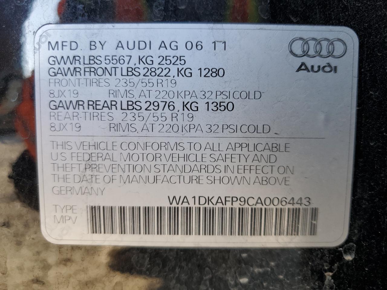 2012 Audi Q5 Premium Plus VIN: WA1DKAFP9CA006443 Lot: 43234105