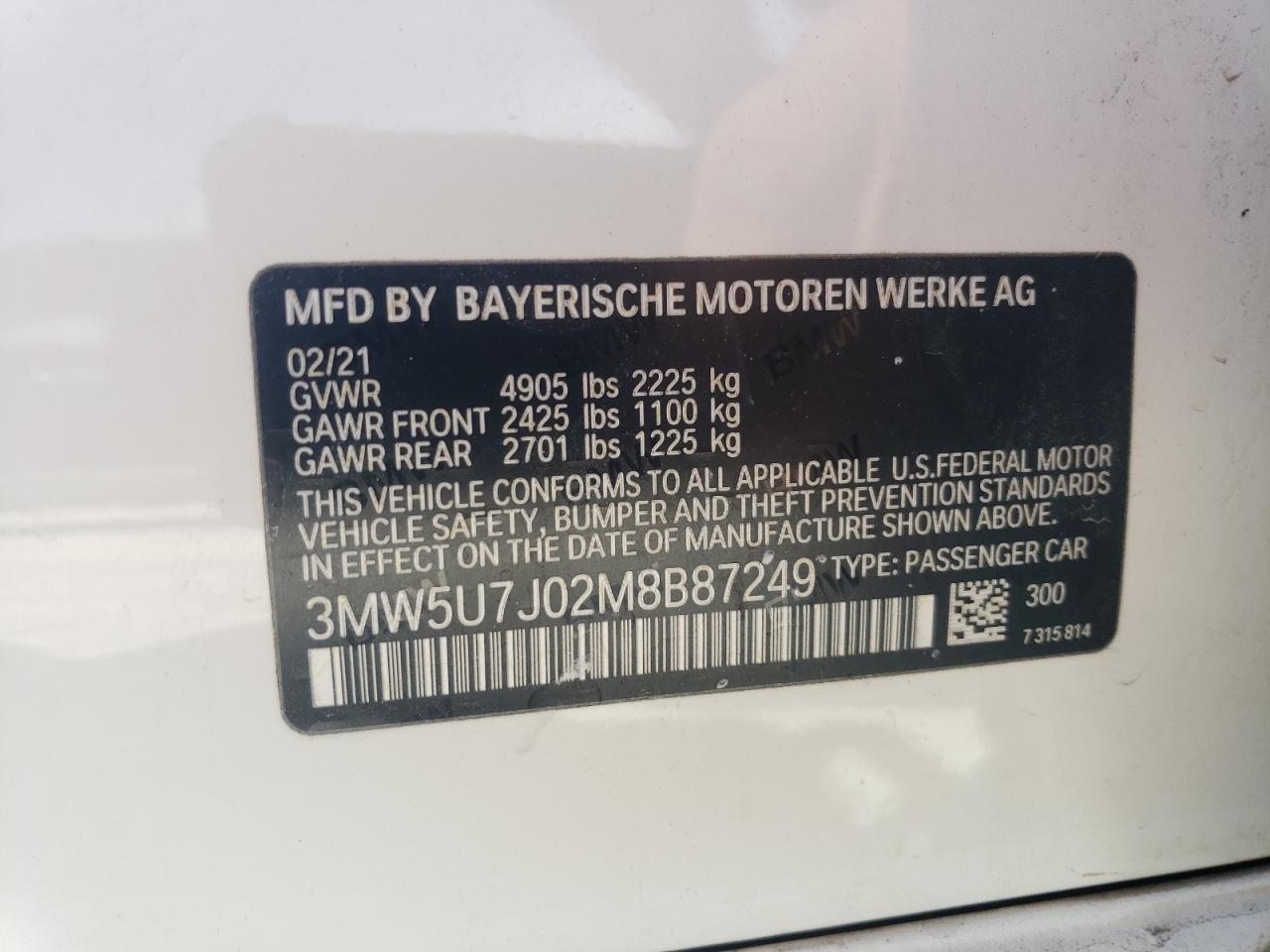 2021 BMW M340I VIN: 3MW5U7J02M8B87249 Lot: 43606975