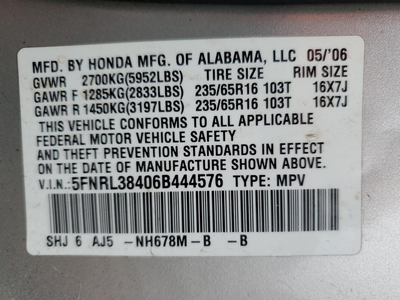 5FNRL38406B444576 2006 Honda Odyssey Ex