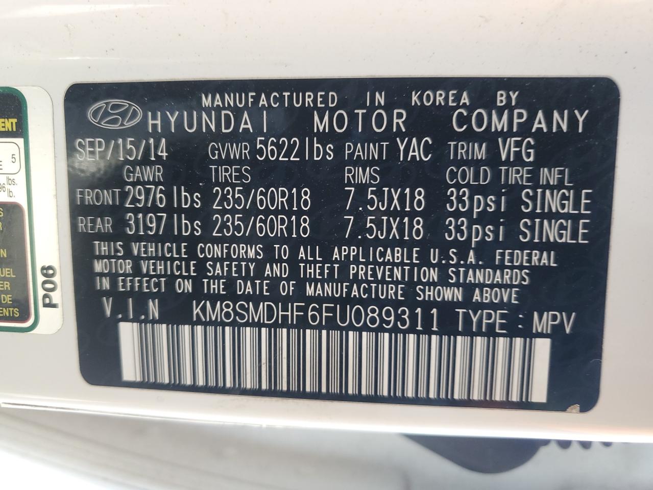 KM8SMDHF6FU089311 2015 Hyundai Santa Fe Gls