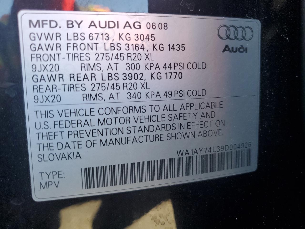 WA1AY74L39D004926 2009 Audi Q7 3.6 Quattro