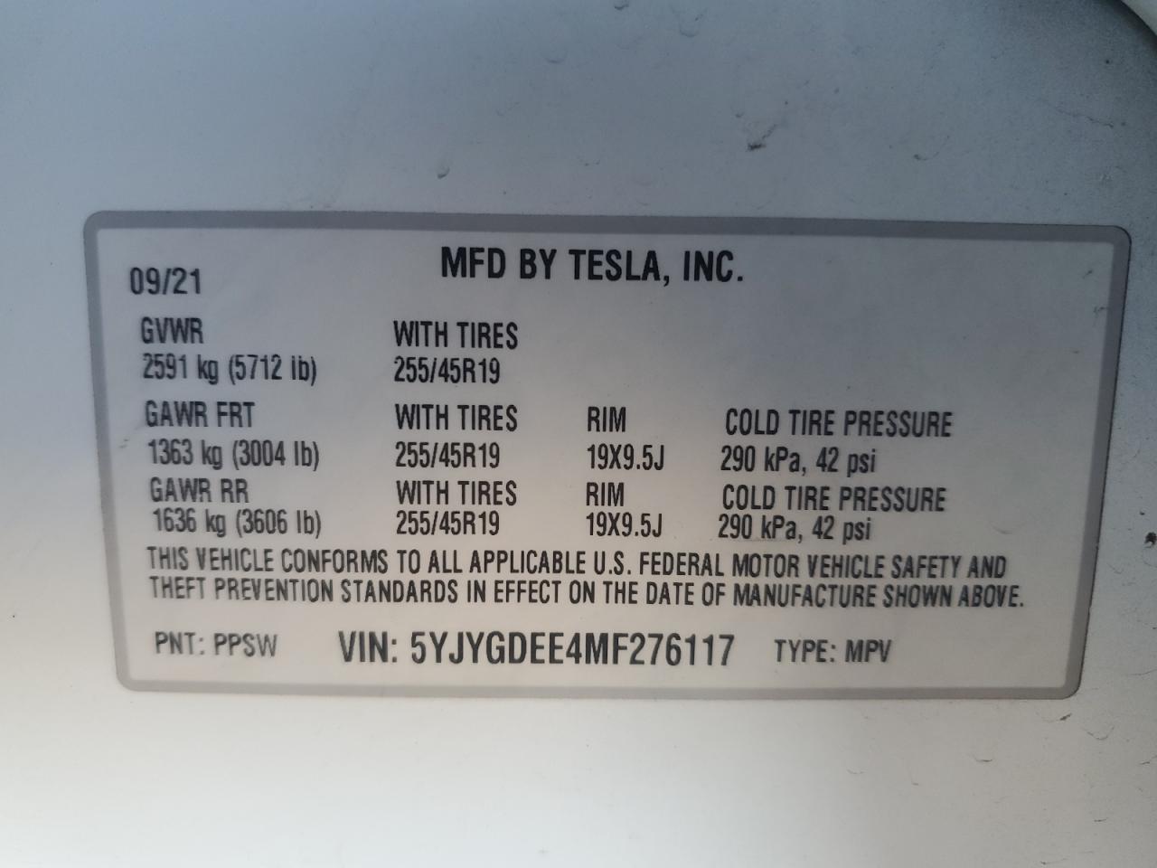 5YJYGDEE4MF276117 2021 Tesla Model Y