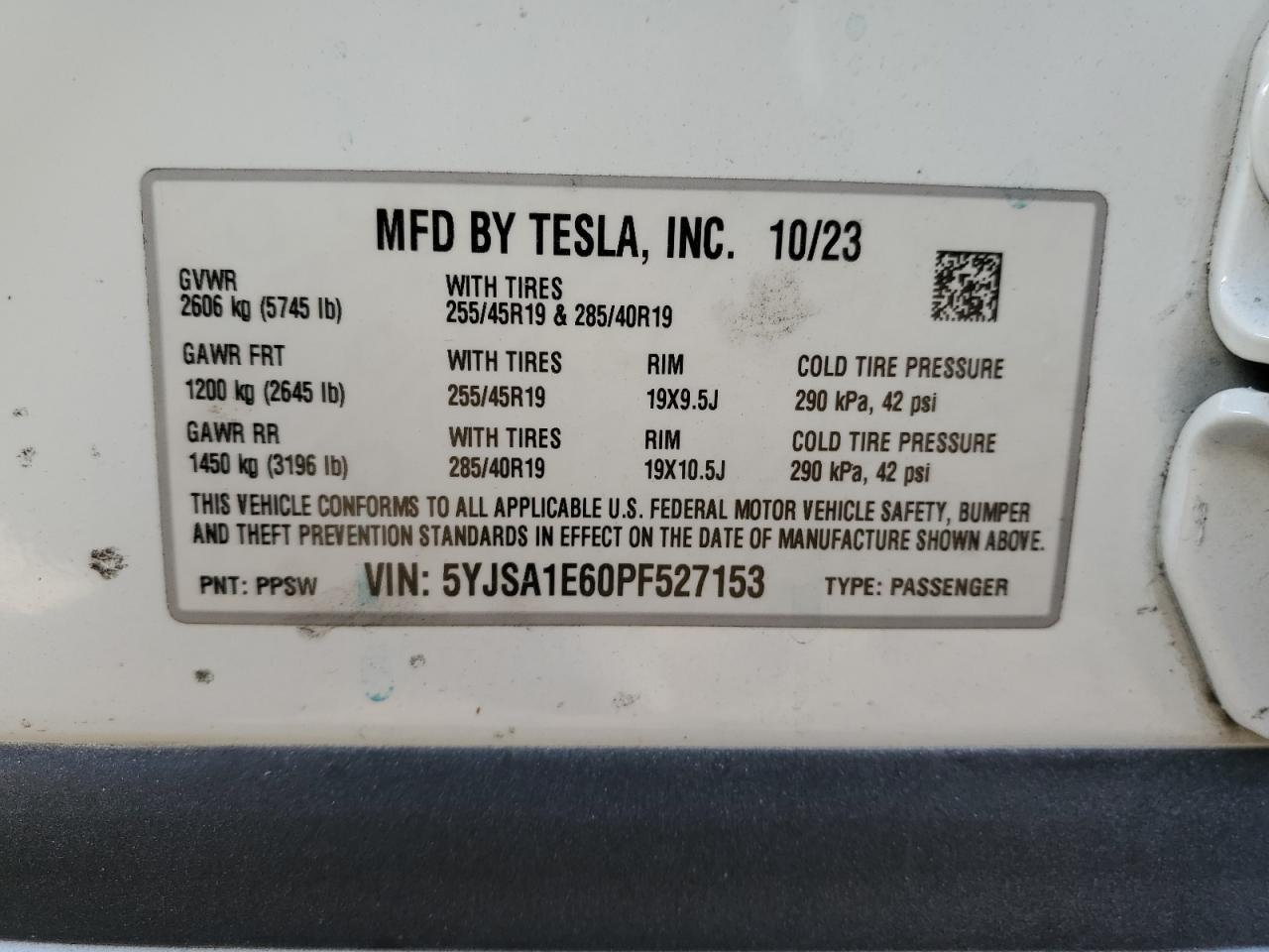 2023 Tesla Model S VIN: 5YJSA1E60PF527153 Lot: 42838615