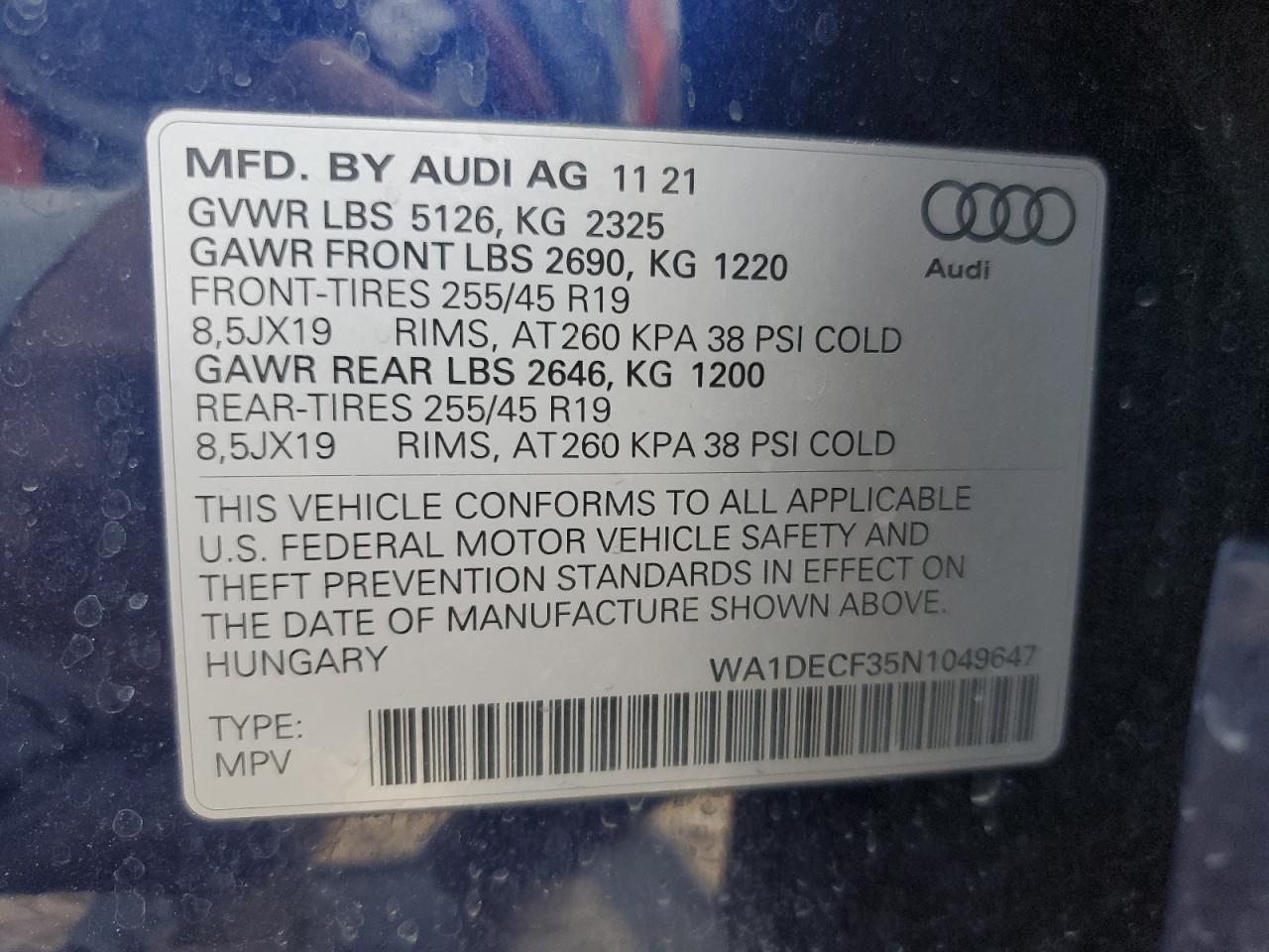 2022 Audi Q3 Premium S Line 45 VIN: WA1DECF35N1049647 Lot: 89201445