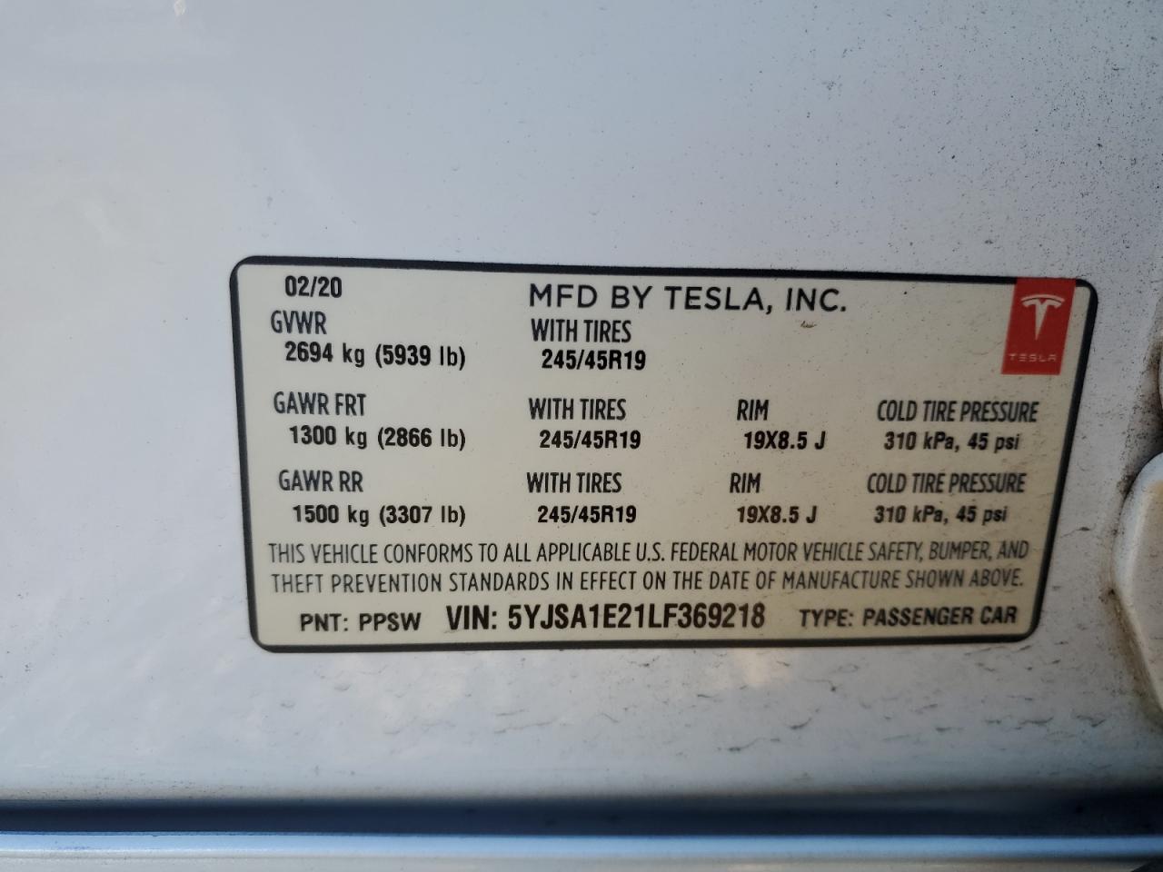 2020 Tesla Model S VIN: 5YJSA1E21LF369218 Lot: 89139005