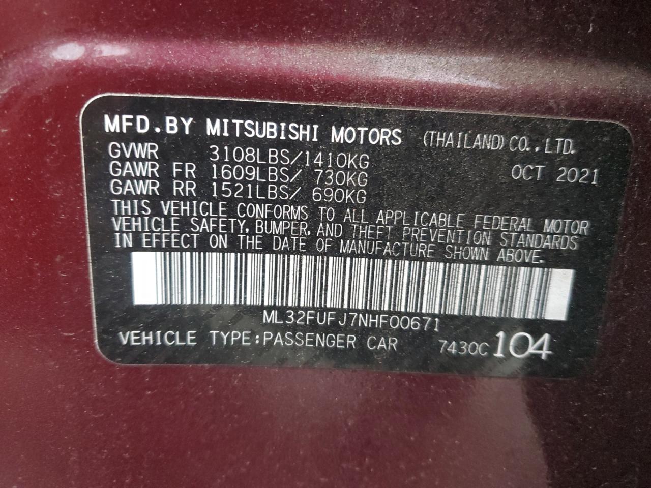 2022 Mitsubishi Mirage G4 Es VIN: ML32FUFJ7NHF00671 Lot: 43392825