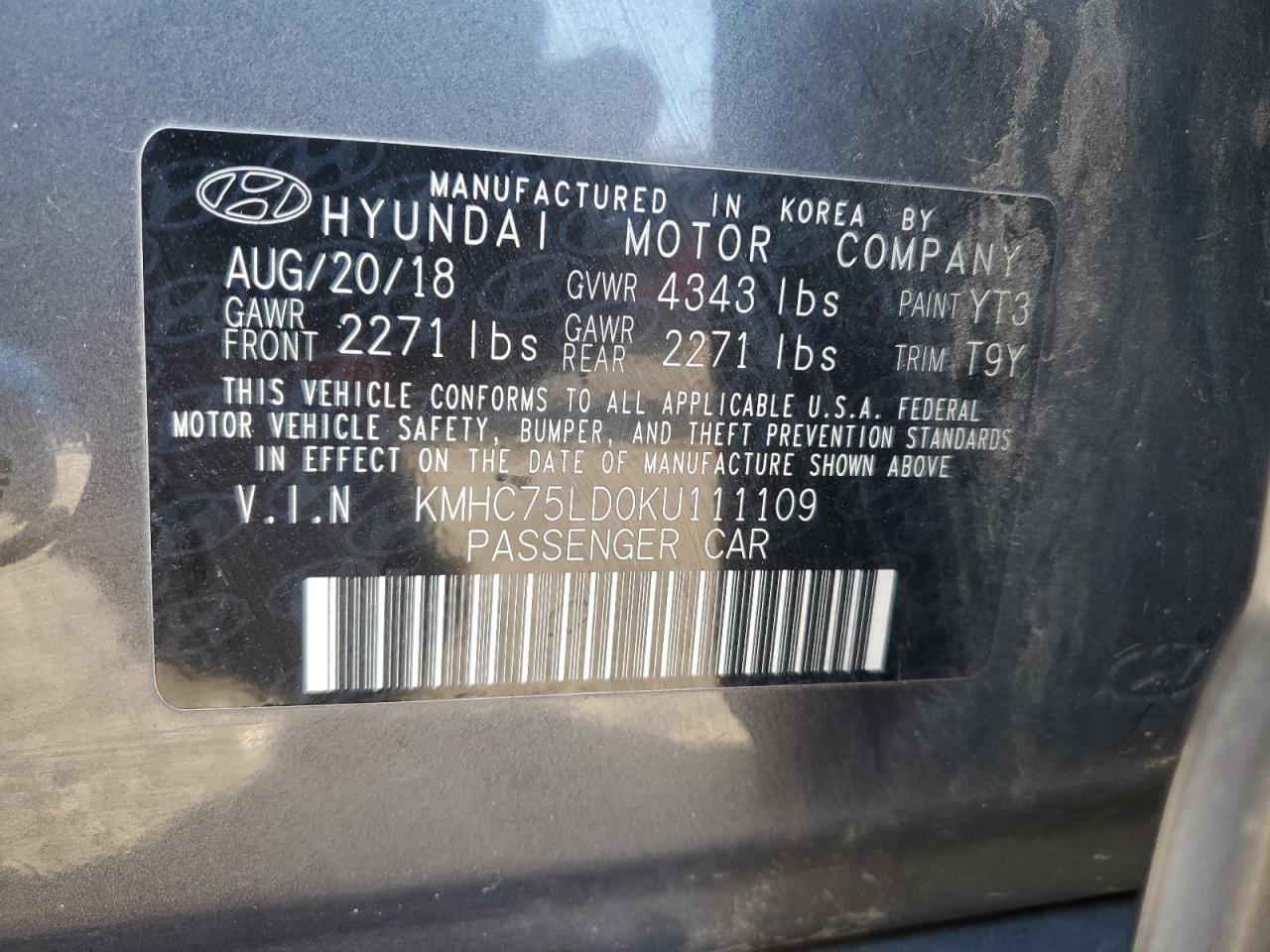 KMHC75LD0KU111109 2019 Hyundai Ioniq Limited