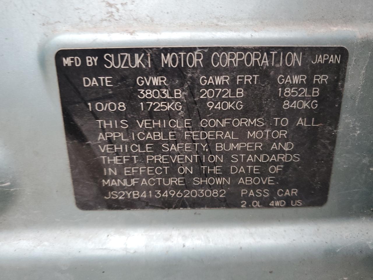 JS2YB413496203082 2009 Suzuki Sx4 Technology