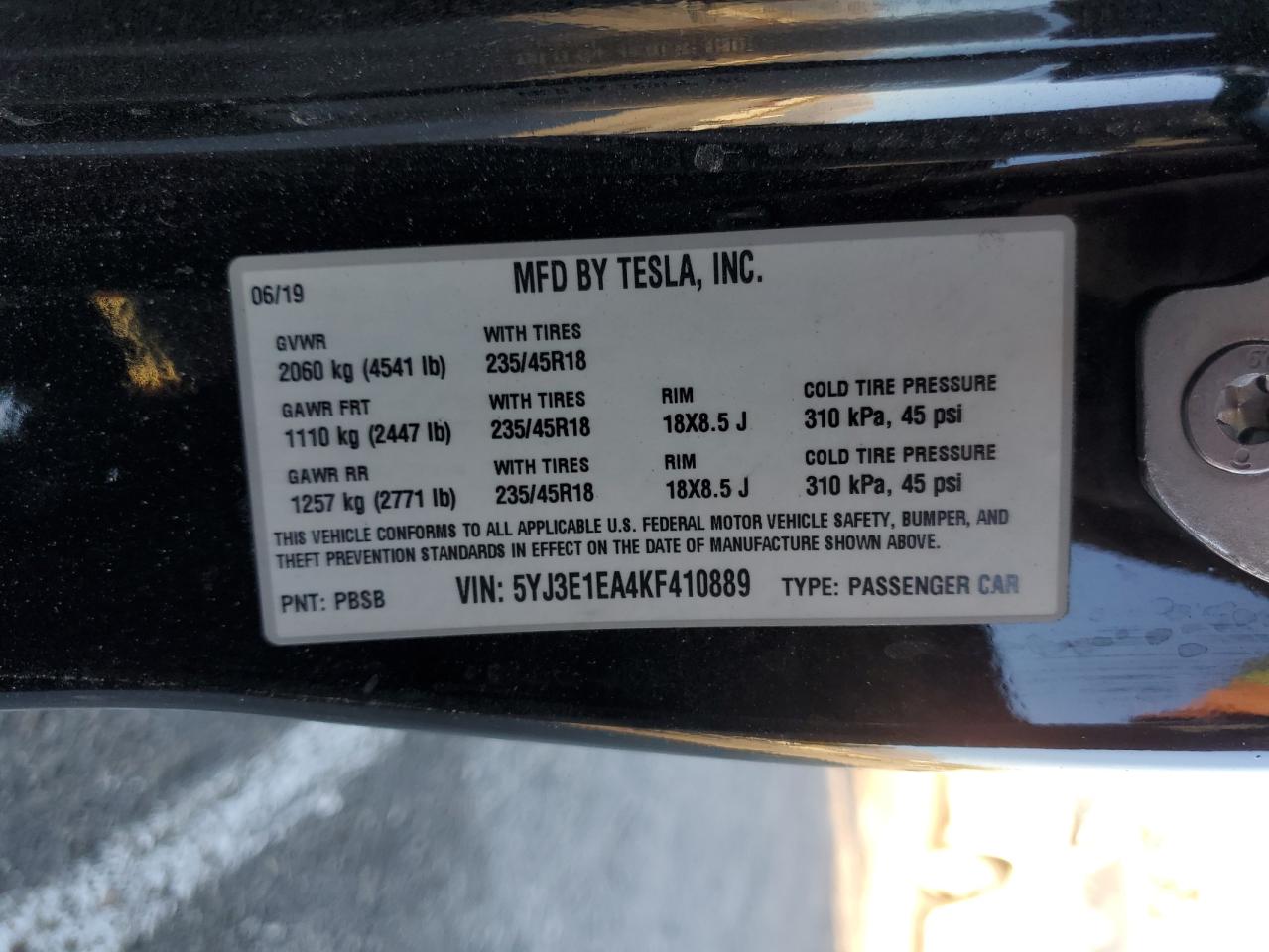 5YJ3E1EA4KF410889 2019 Tesla Model 3