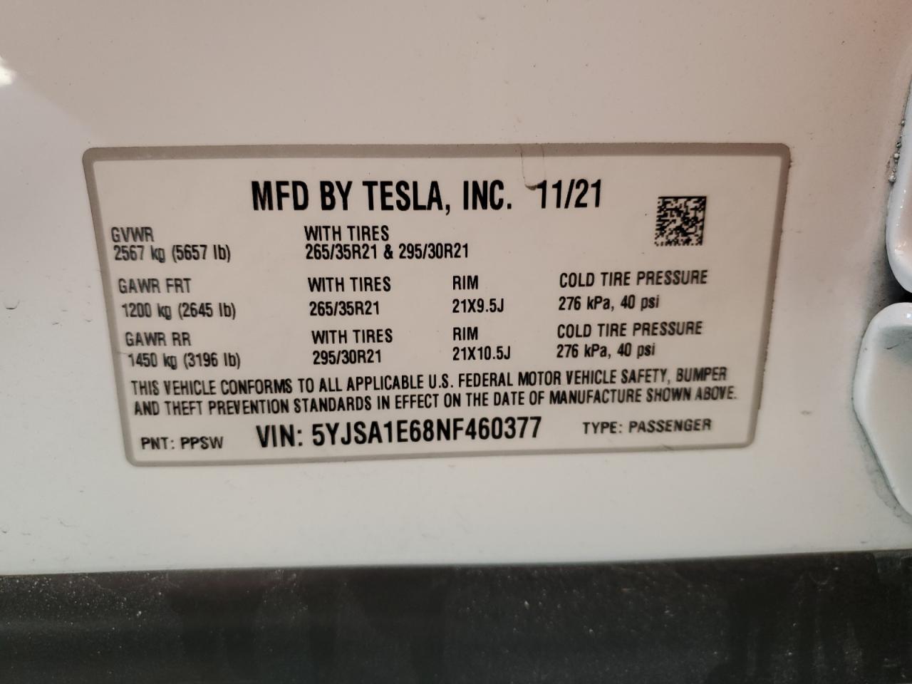 5YJSA1E68NF460377 2022 Tesla Model S