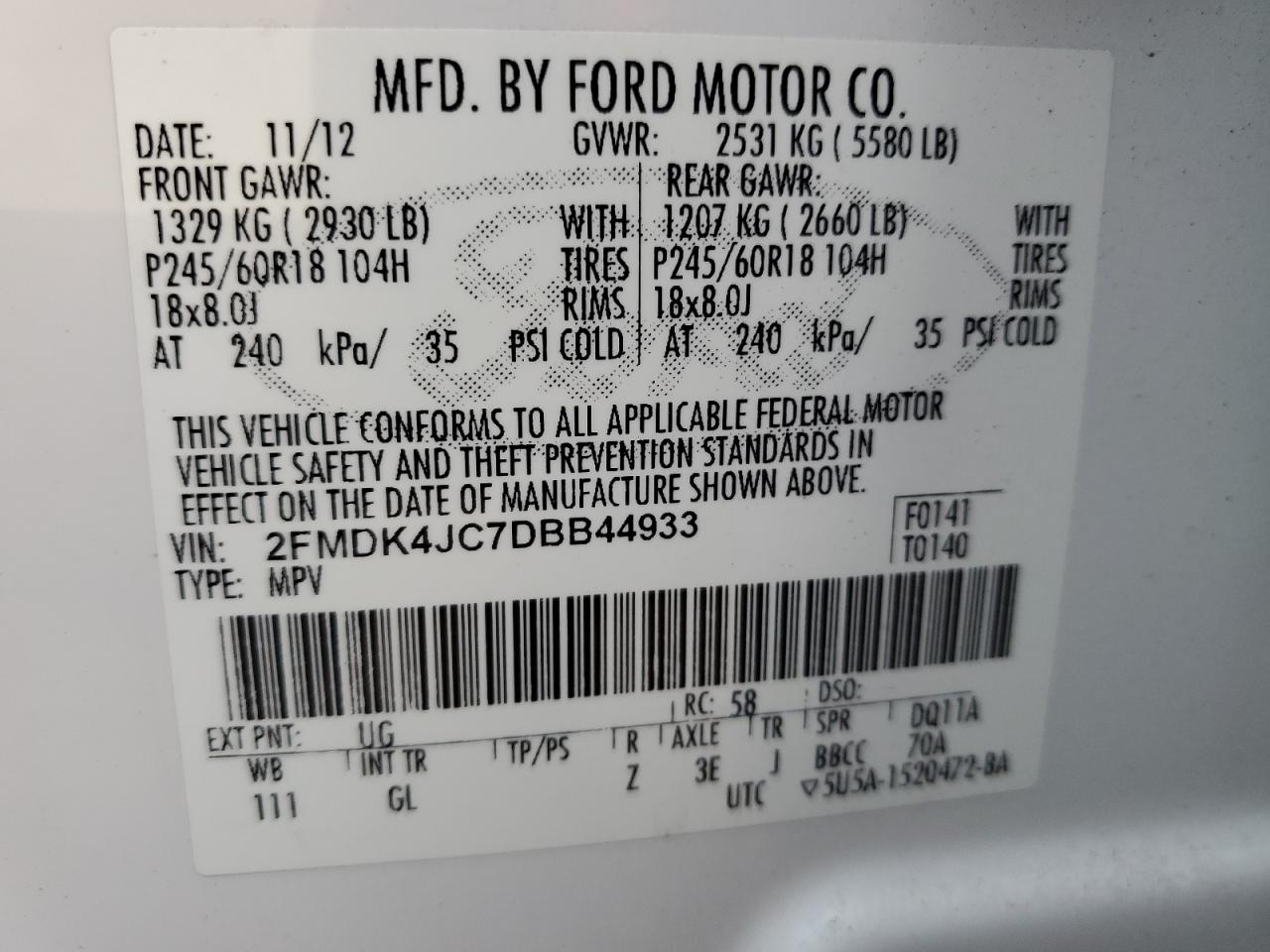 2013 Ford Edge Sel VIN: 2FMDK4JC7DBB44933 Lot: 88517385