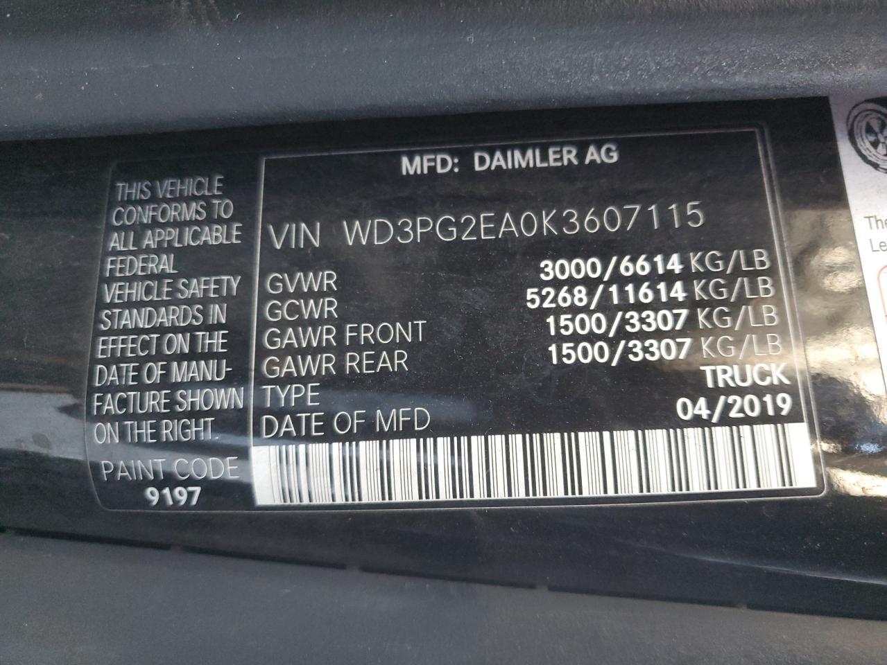 WD3PG2EA0K3607115 2019 Mercedes-Benz Metris