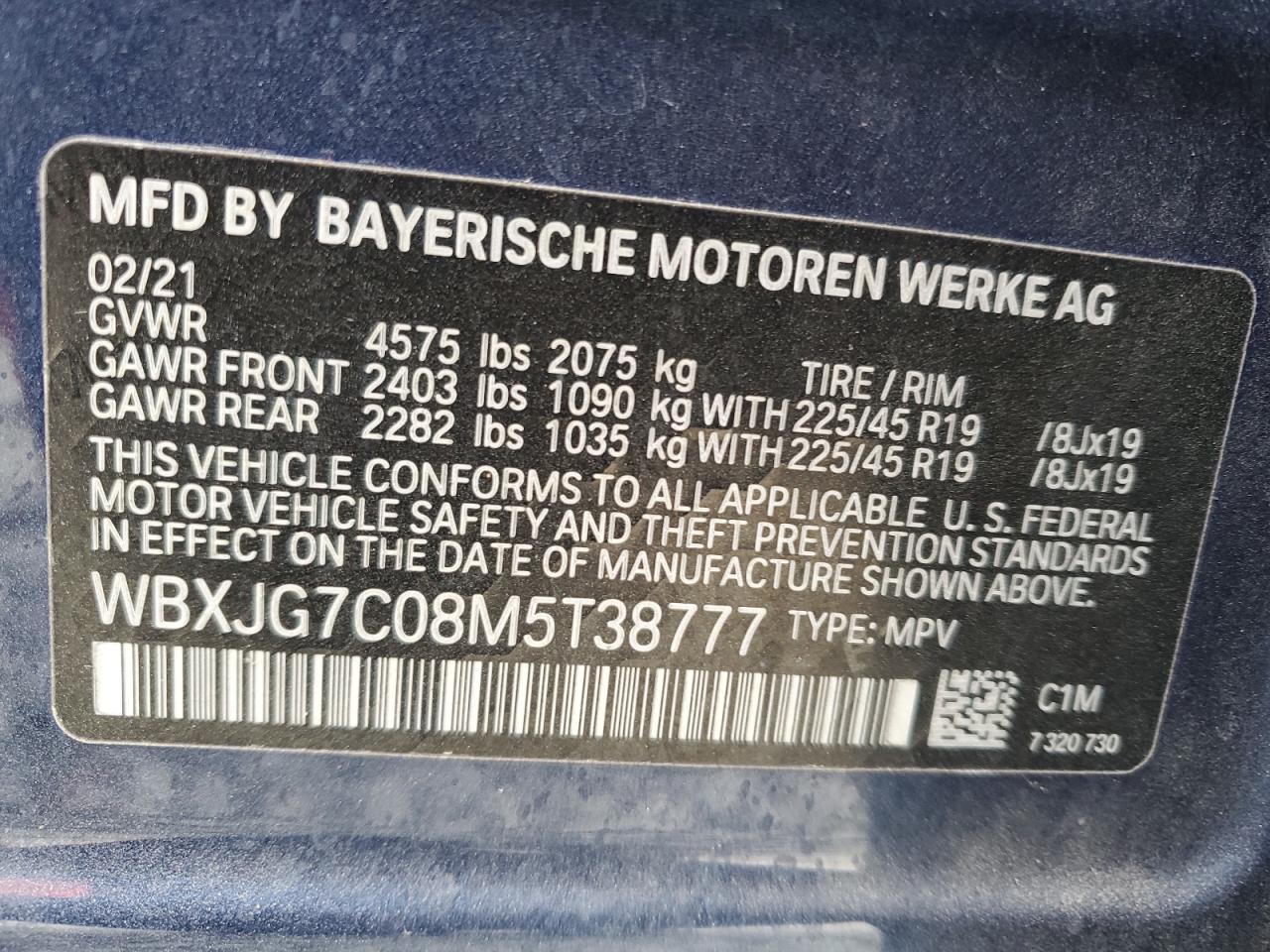 2021 BMW X1 Sdrive28I VIN: WBXJG7C08M5T38777 Lot: 89270515