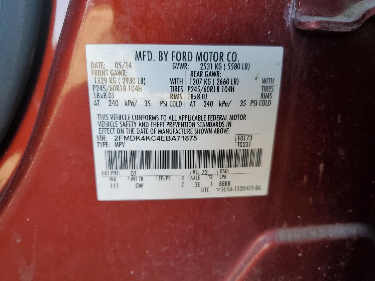 2FMDK4KC4EBA71875 2014 Ford Edge Limited