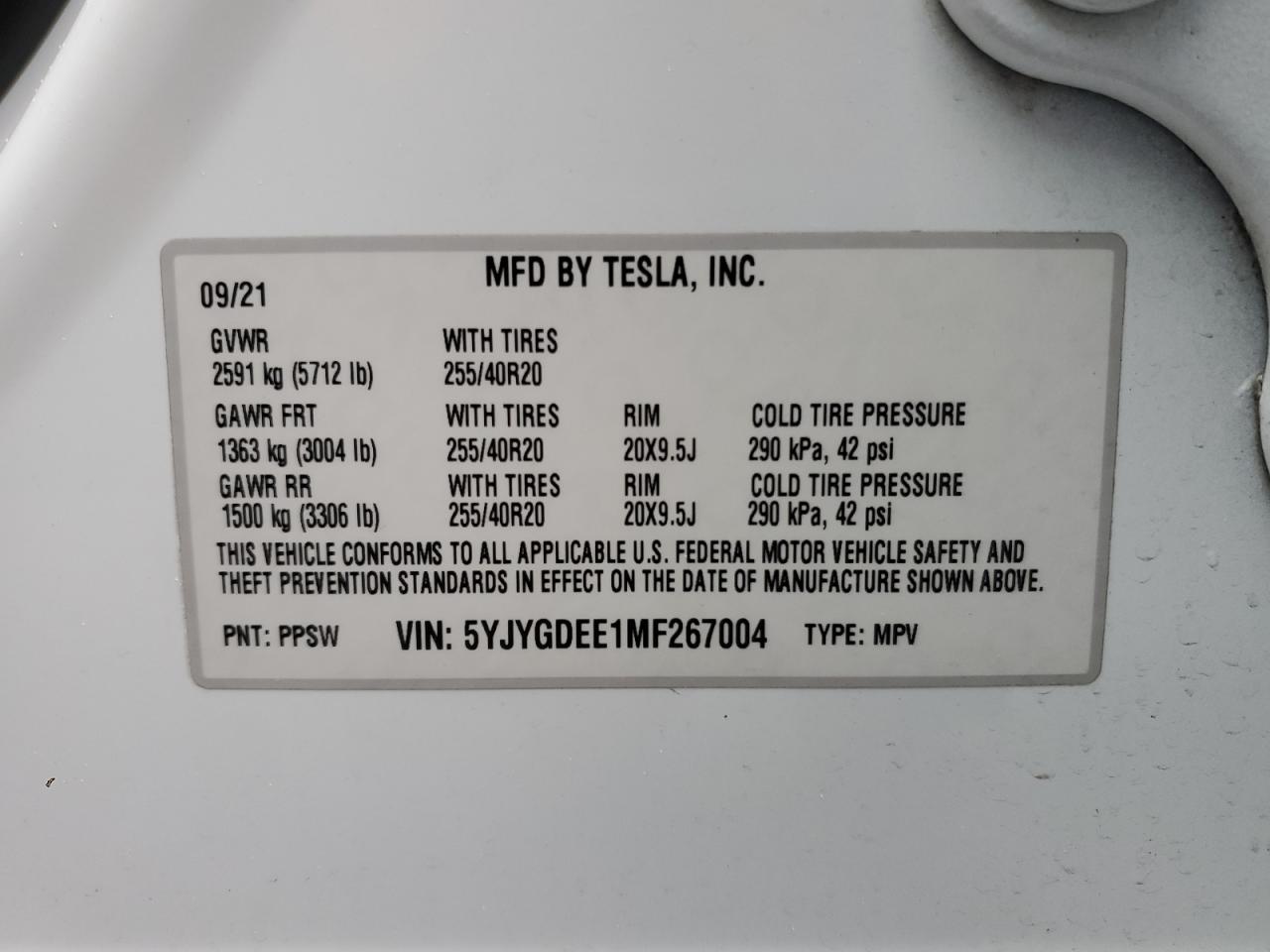 5YJYGDEE1MF267004 2021 Tesla Model Y