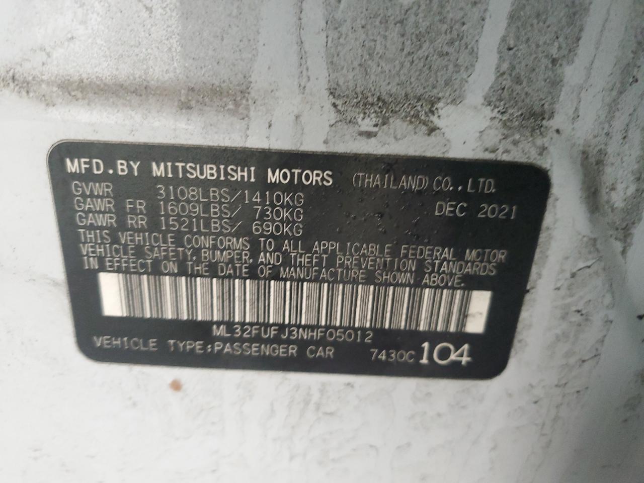 2022 Mitsubishi Mirage G4 Es VIN: ML32FUFJ3NHF05012 Lot: 46115925