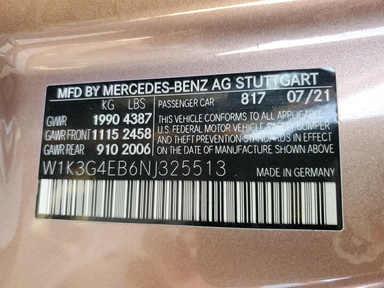 2022 Mercedes-Benz A 220 VIN: W1K3G4EB6NJ325513 Lot: 45396145