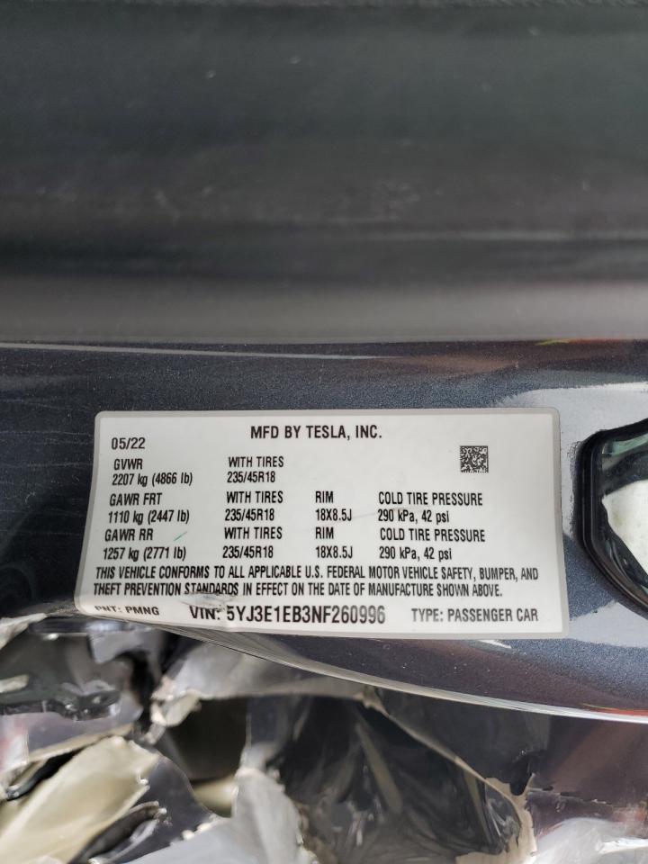 5YJ3E1EB3NF260996 2022 Tesla Model 3