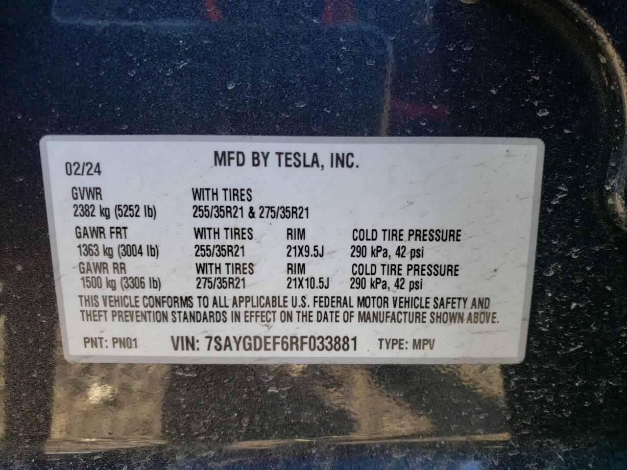 2024 Tesla Model Y VIN: 7SAYGDEF6RF033881 Lot: 43957765