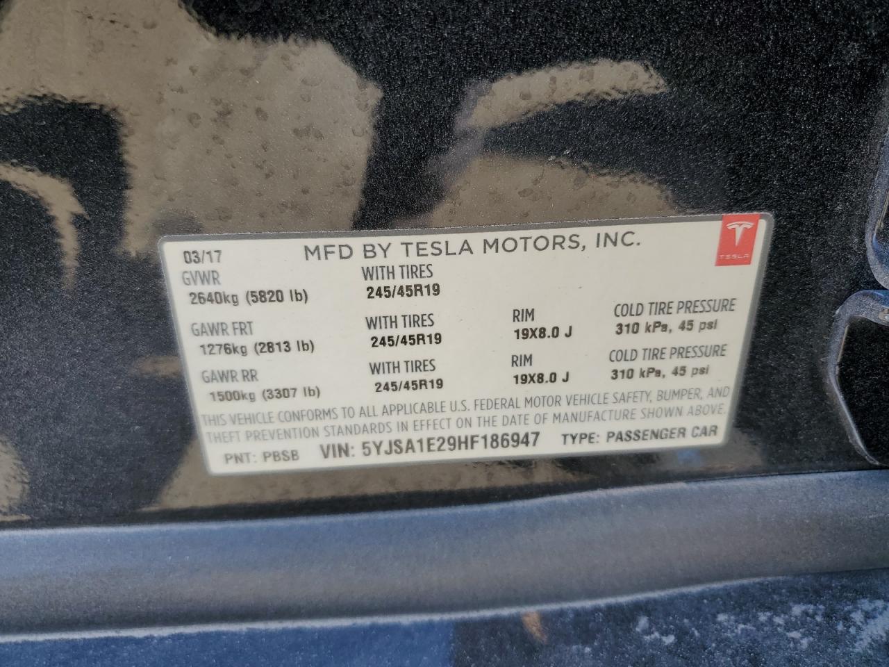 2017 Tesla Model S VIN: 5YJSA1E29HF186947 Lot: 45187495