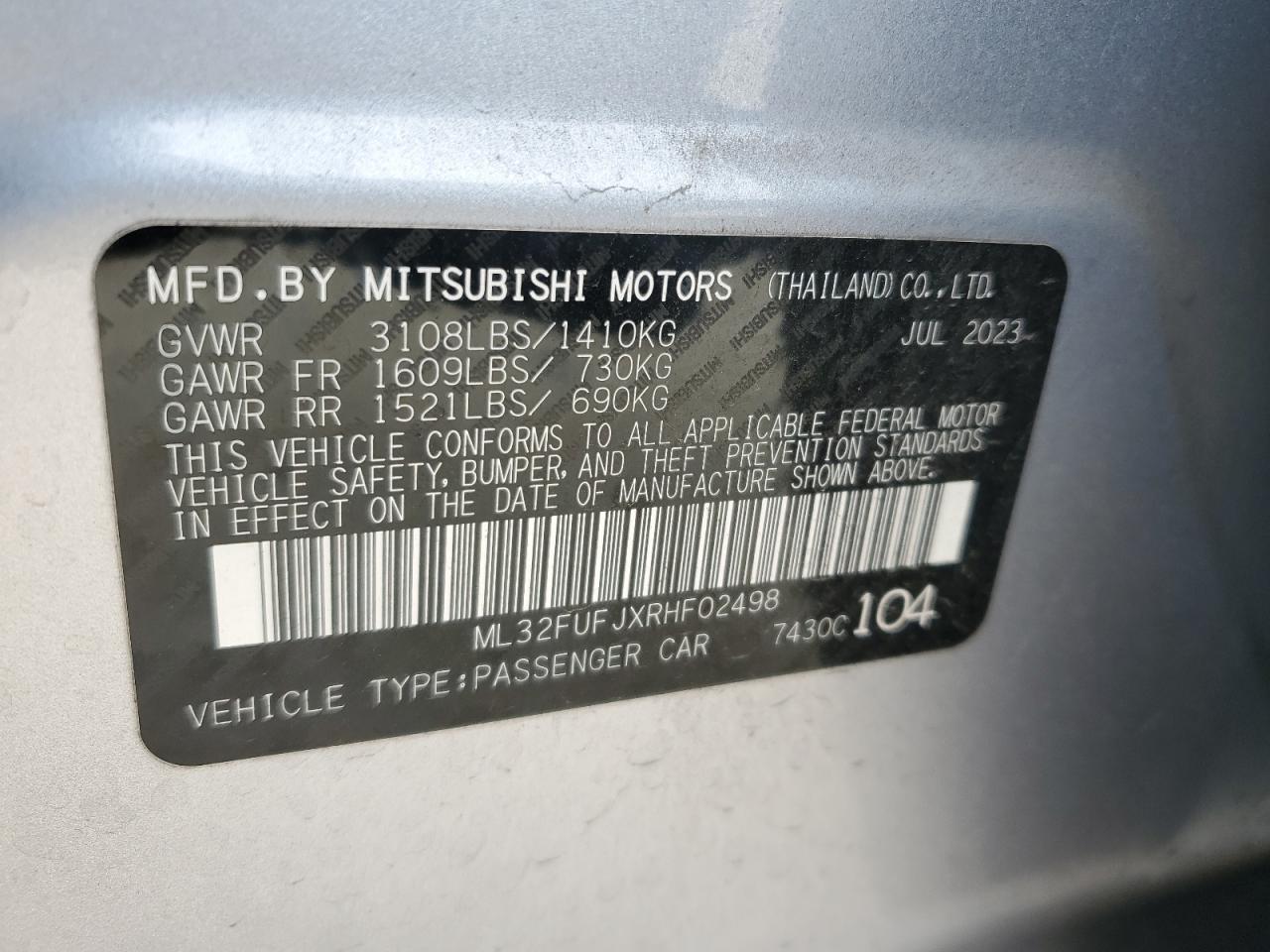 2024 Mitsubishi Mirage G4 Es VIN: ML32FUFJXRHF02498 Lot: 45380155