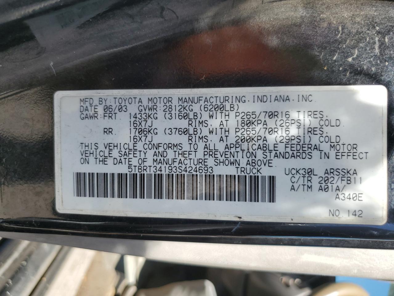 5TBRT34193S424693 2003 Toyota Tundra Access Cab Sr5