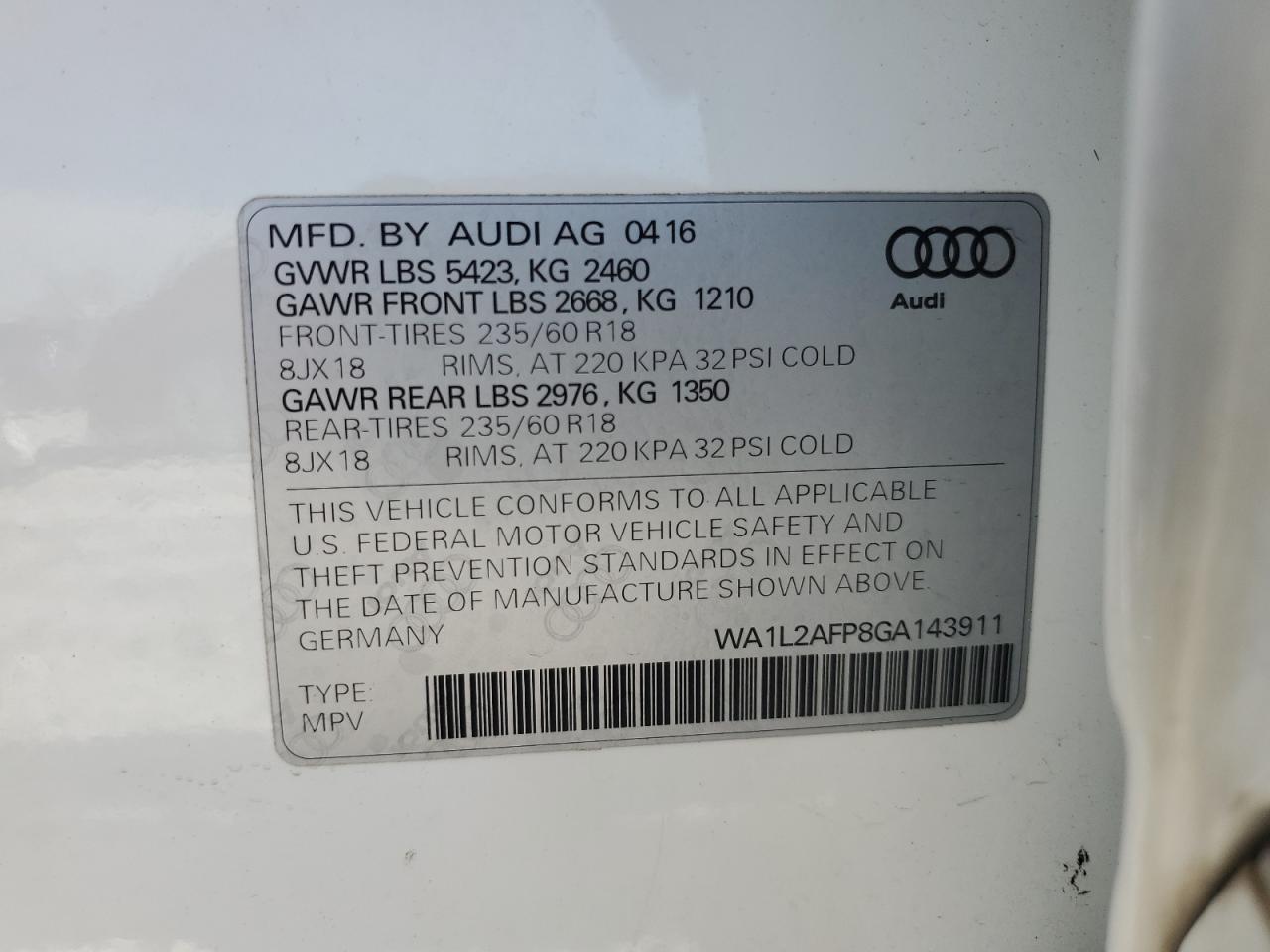 2016 Audi Q5 Premium Plus VIN: WA1L2AFP8GA143911 Lot: 45484715