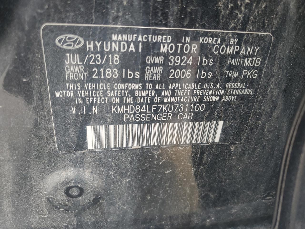 2019 Hyundai Elantra Sel VIN: KMHD84LF7KU731100 Lot: 44011045