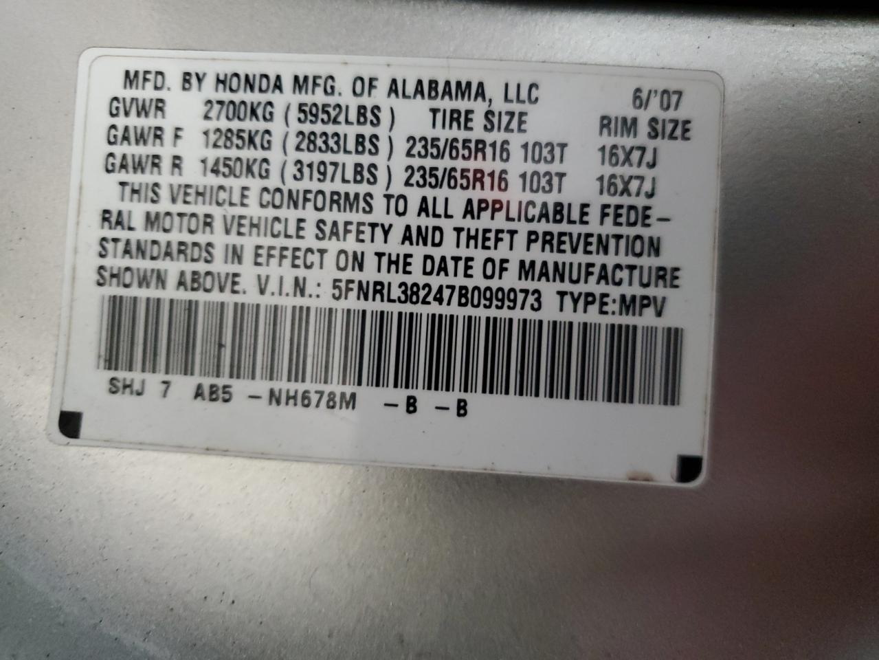 5FNRL38247B099973 2007 Honda Odyssey Lx