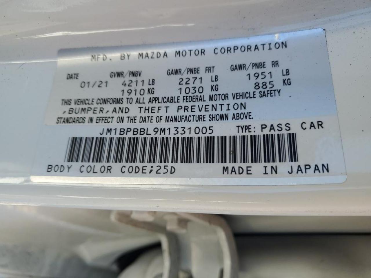 JM1BPBBL9M1331005 2021 Mazda 3 Select