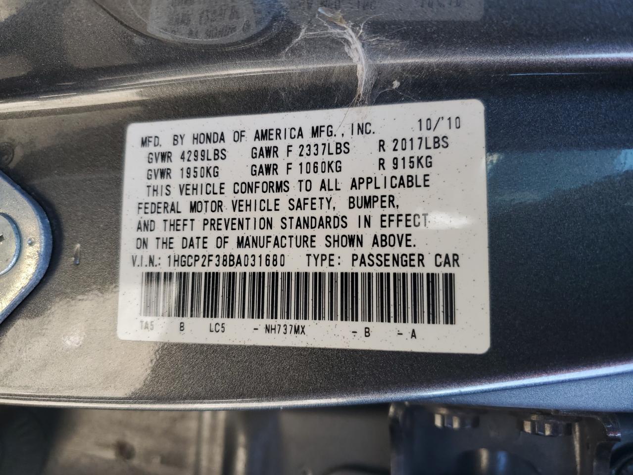 2011 Honda Accord Lx VIN: 1HGCP2F38BA031680 Lot: 46697885