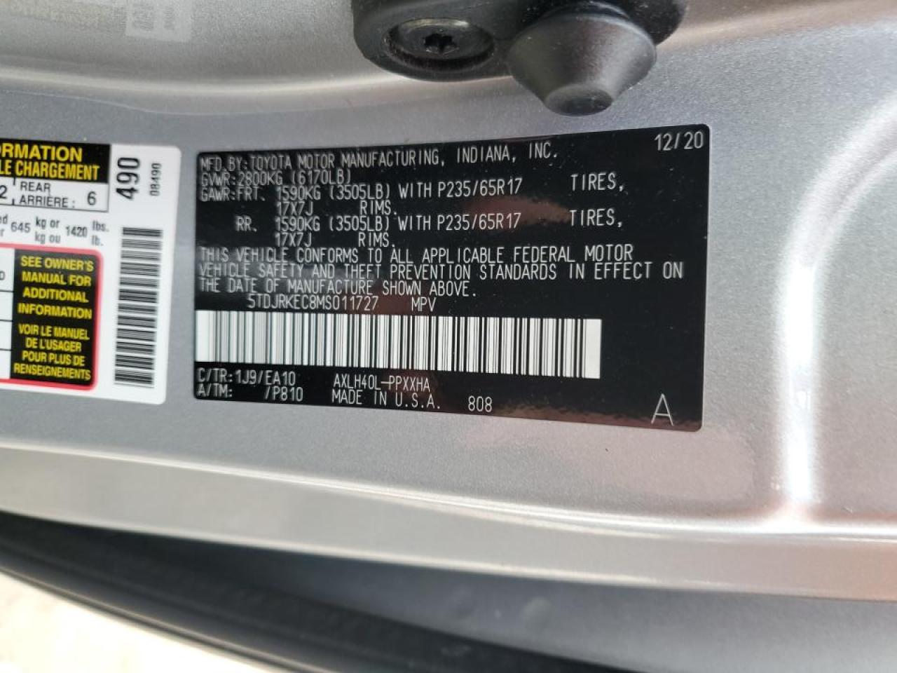 5TDJRKEC8MS011727 2021 Toyota Sienna Xle