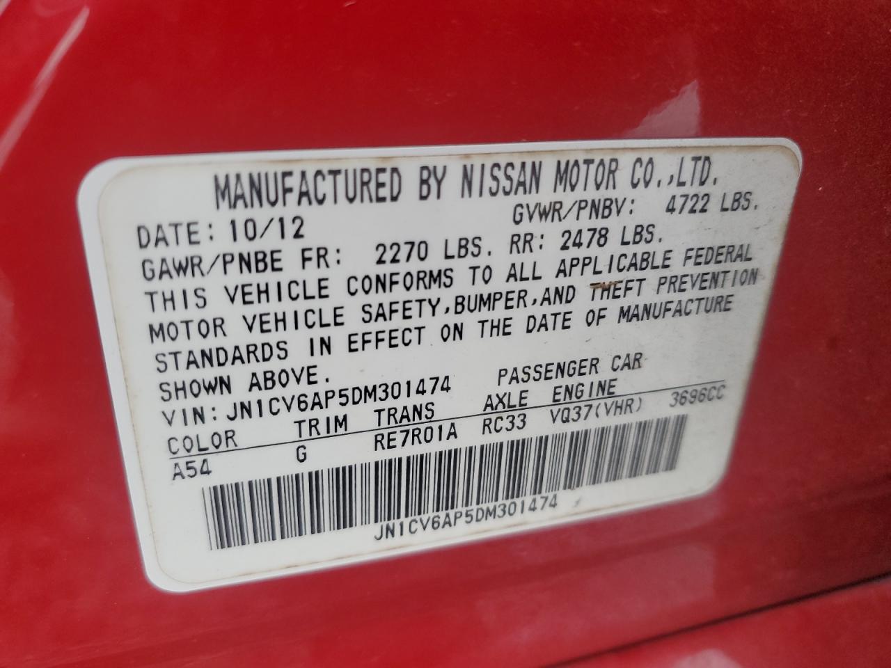 JN1CV6AP5DM301474 2013 Infiniti G37 Base