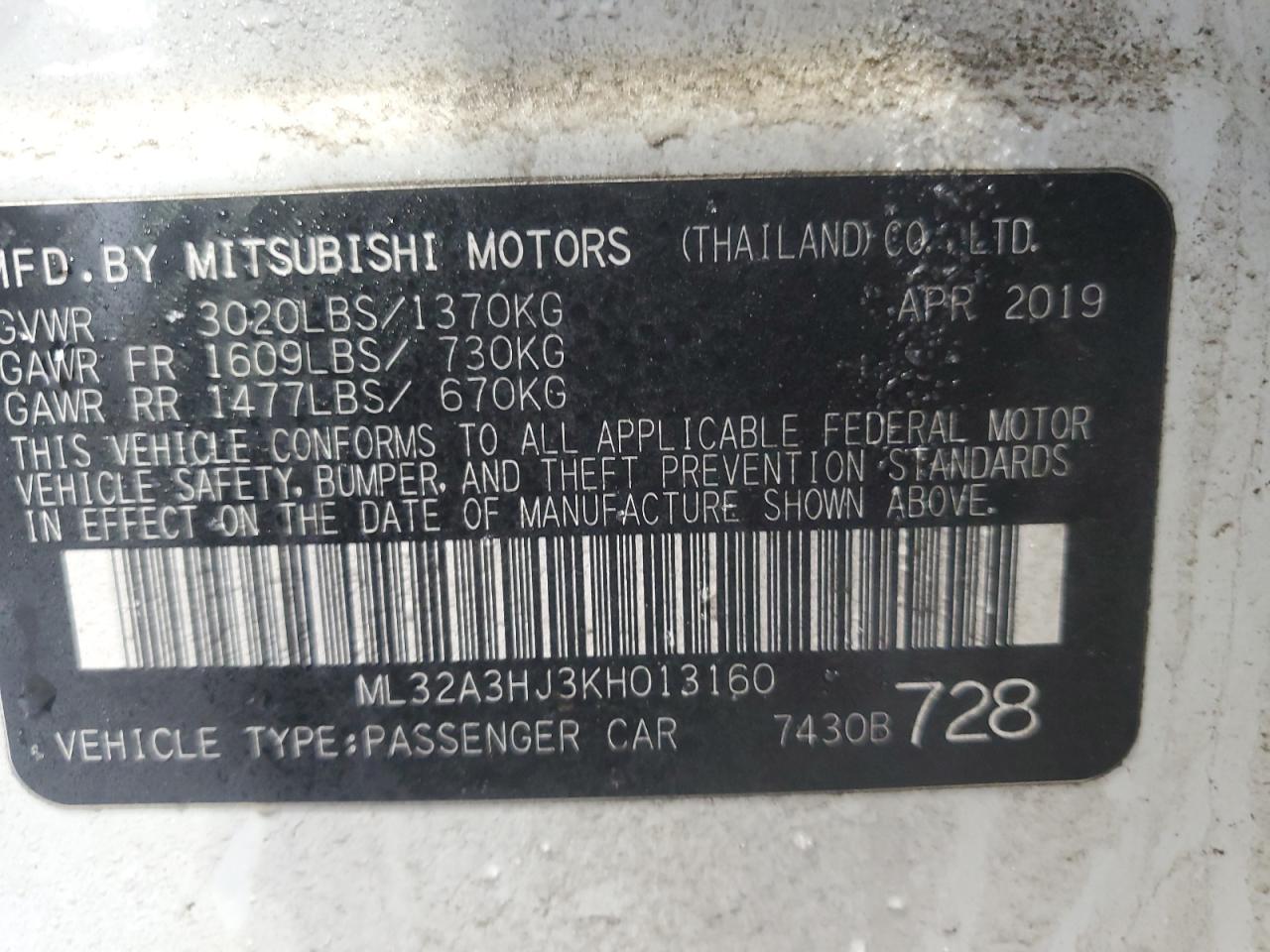 2019 Mitsubishi Mirage Es VIN: ML32A3HJ3KH013160 Lot: 44922835