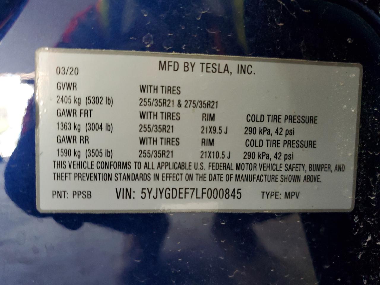 2020 Tesla Model Y VIN: 5YJYGDEF7LF000845 Lot: 48862645