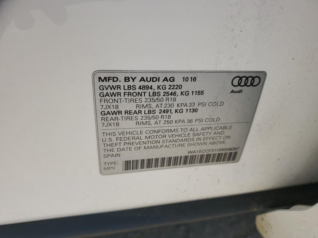 2017 Audi Q3 Premium VIN: WA1ECCFS1HR008097 Lot: 48542095