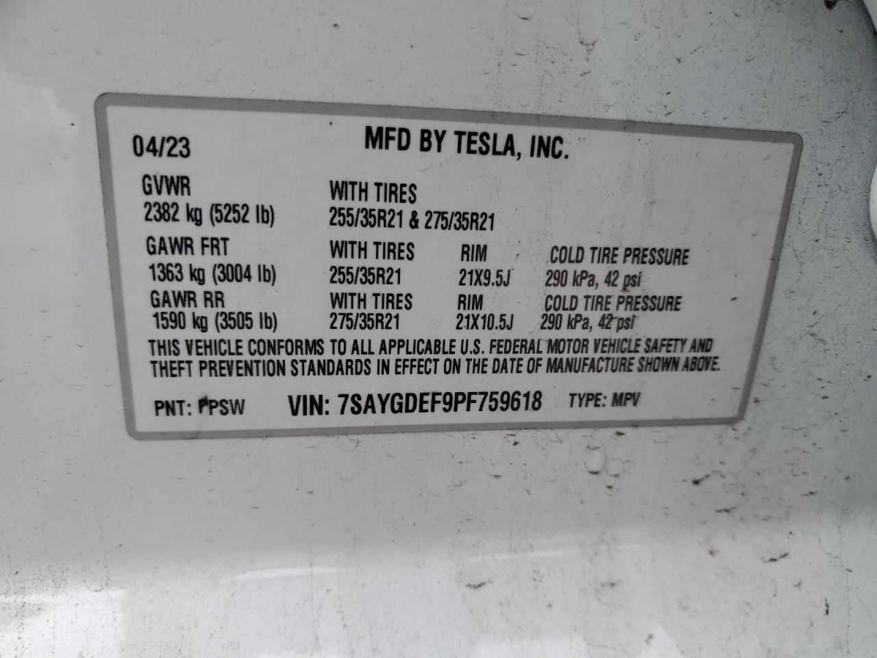 2023 Tesla Model Y VIN: 7SAYGDEF9PF759618 Lot: 48767975