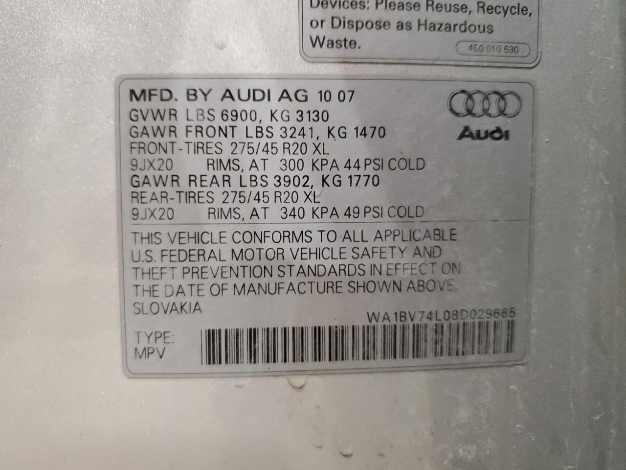 WA1BV74L08D029665 2008 Audi Q7 4.2 Quattro Premium