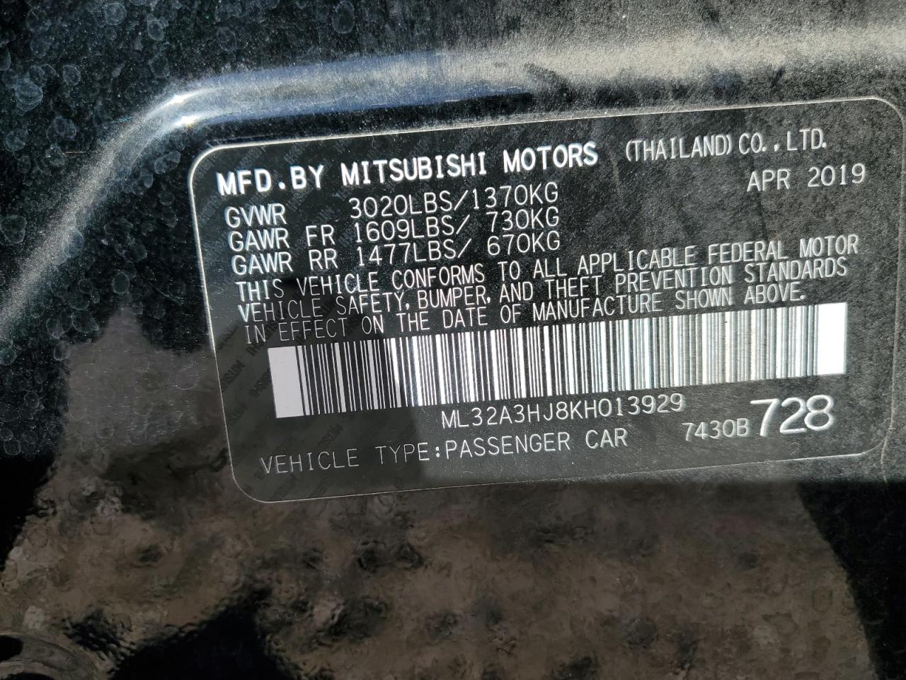 2019 Mitsubishi Mirage Es VIN: ML32A3HJ8KH013929 Lot: 48633715