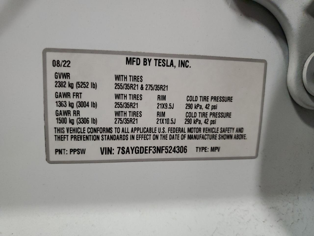 7SAYGDEF3NF524306 2022 Tesla Model Y