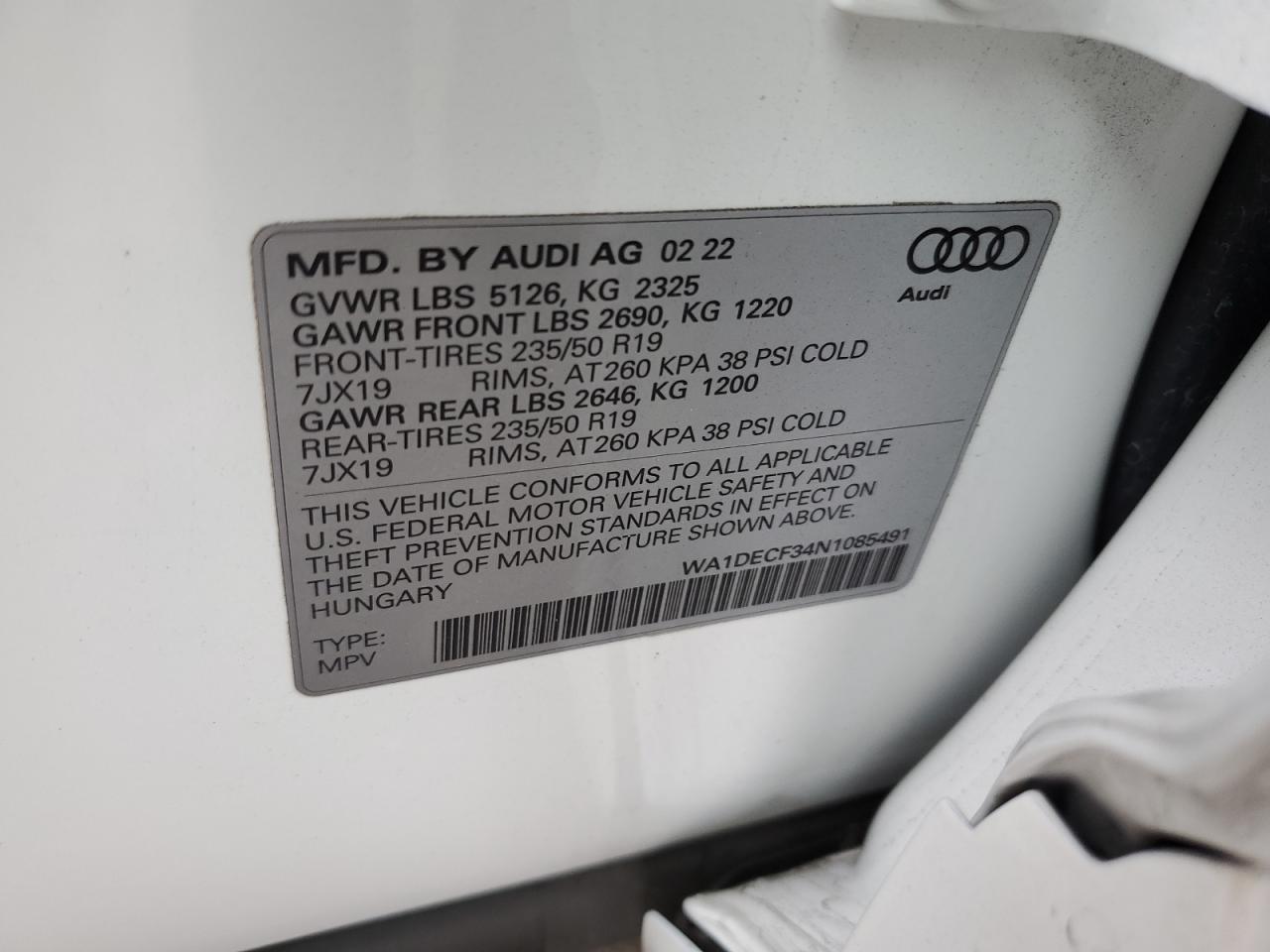 2022 Audi Q3 Premium S Line 45 VIN: WA1DECF34N1085491 Lot: 48870665