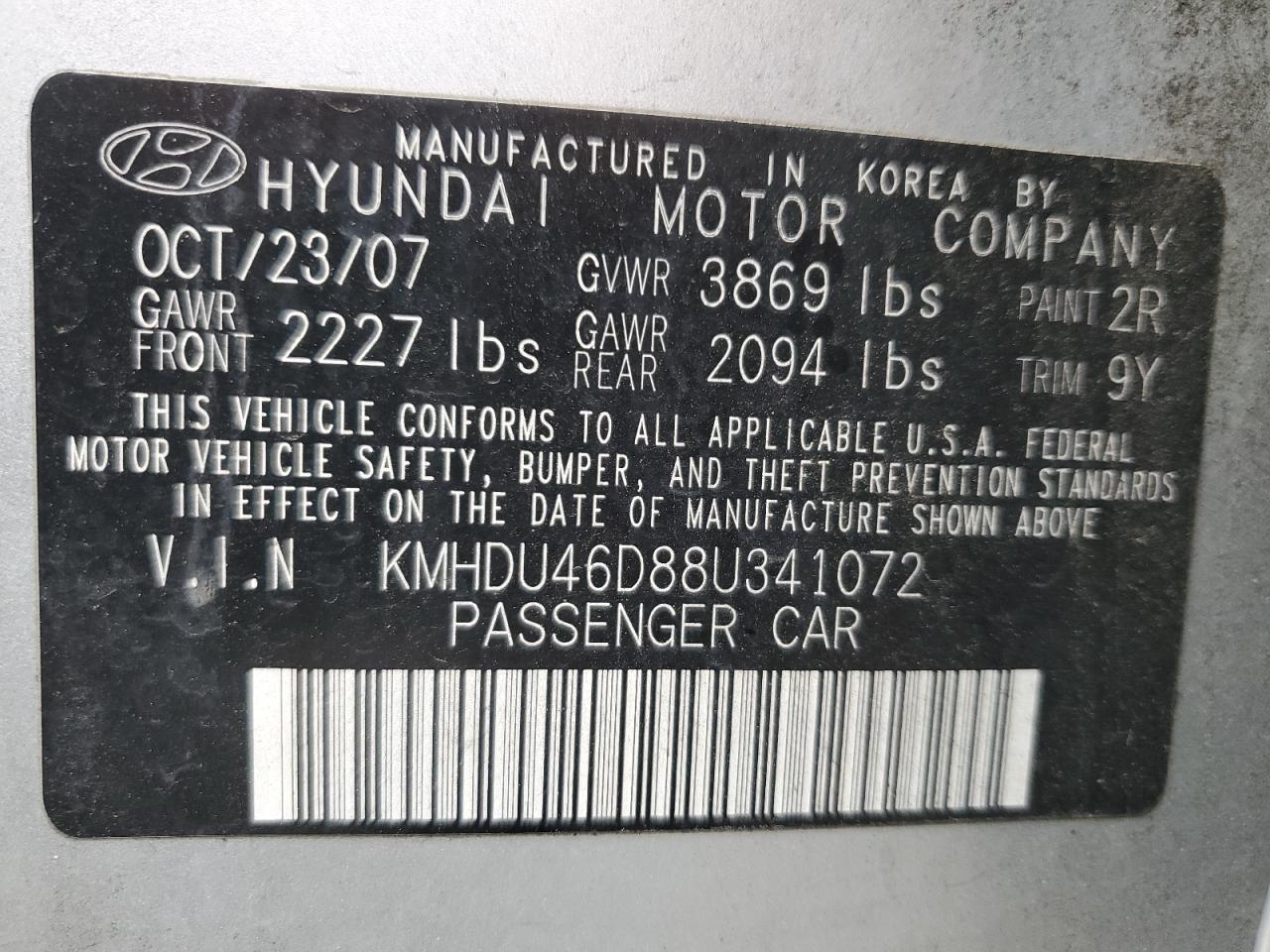 2008 Hyundai Elantra Gls VIN: KMHDU46D88U341072 Lot: 48761905