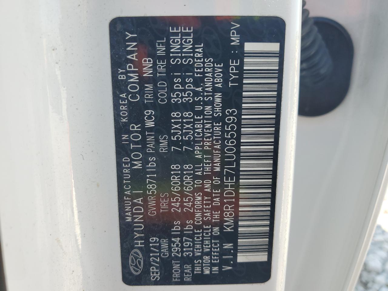 KM8R1DHE7LU065593 2020 Hyundai Palisade Se