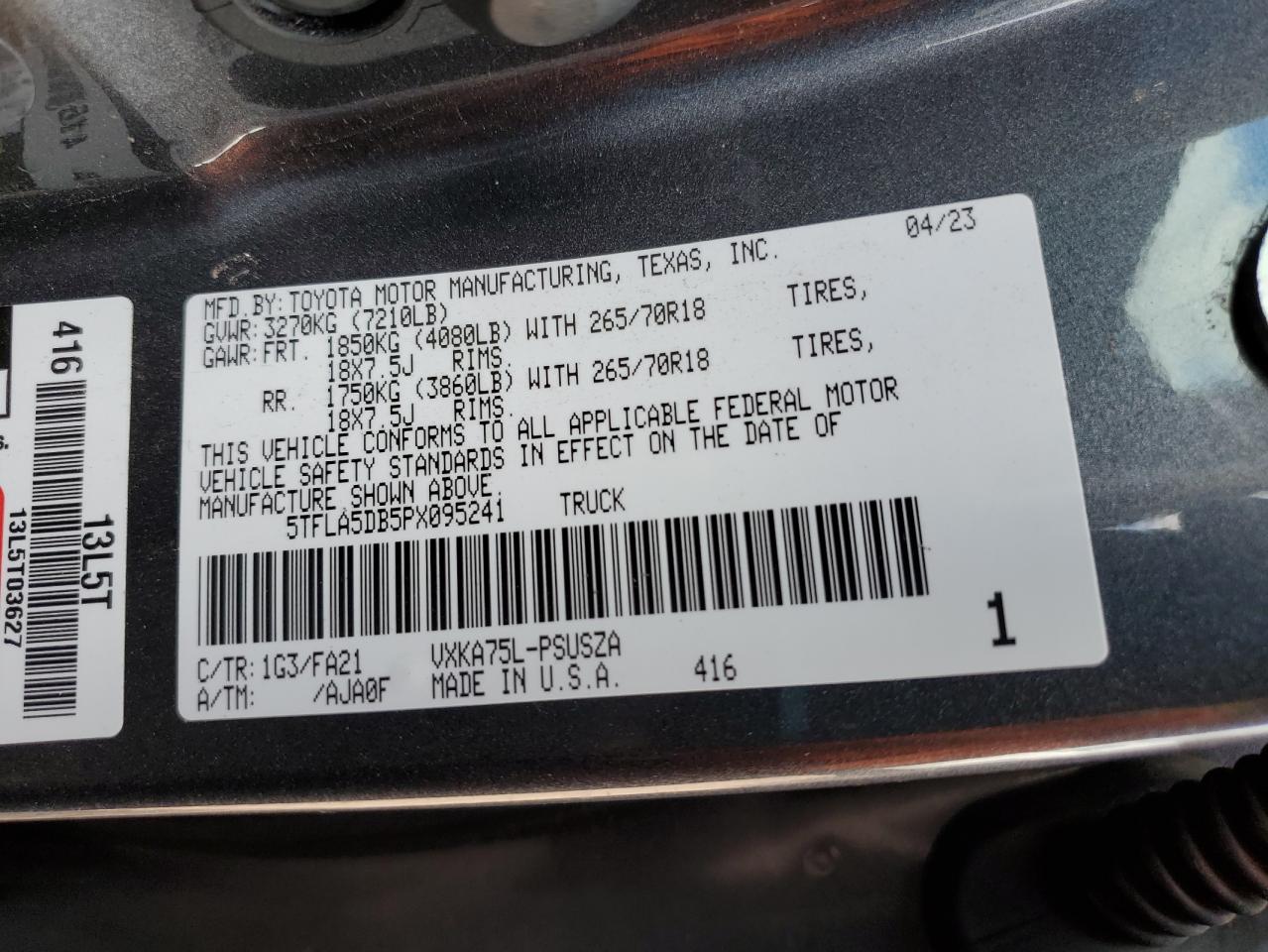 2023 Toyota Tundra Crewmax Sr VIN: 5TFLA5DB5PX095241 Lot: 48970505