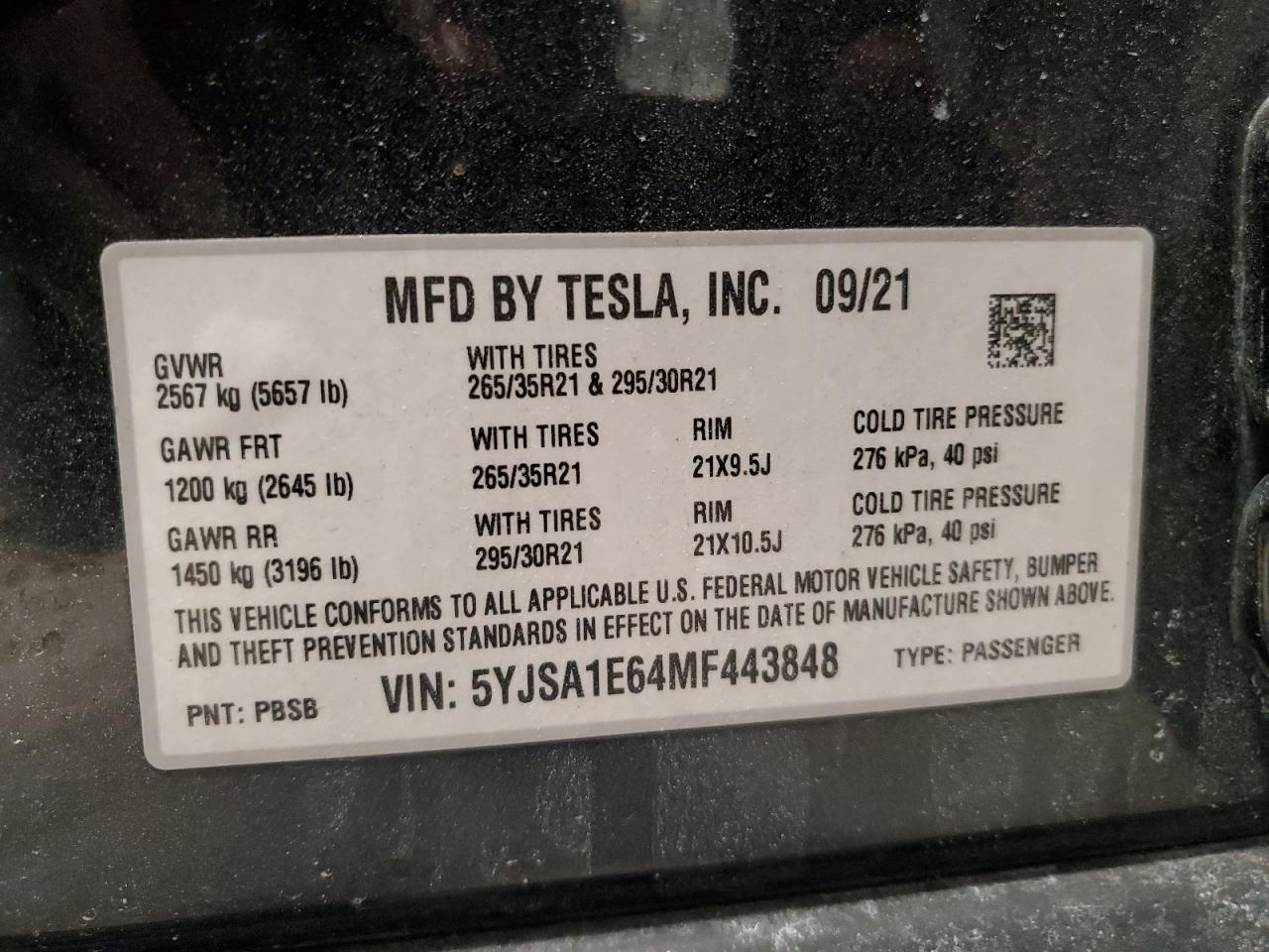 2021 Tesla Model S VIN: 5YJSA1E64MF443848 Lot: 48897875