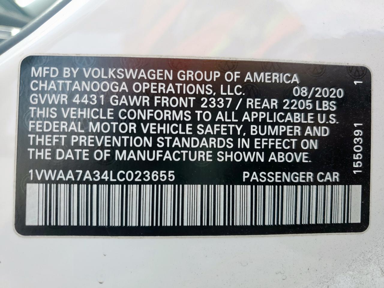 1VWAA7A34LC023655 2021 Volkswagen Passat S