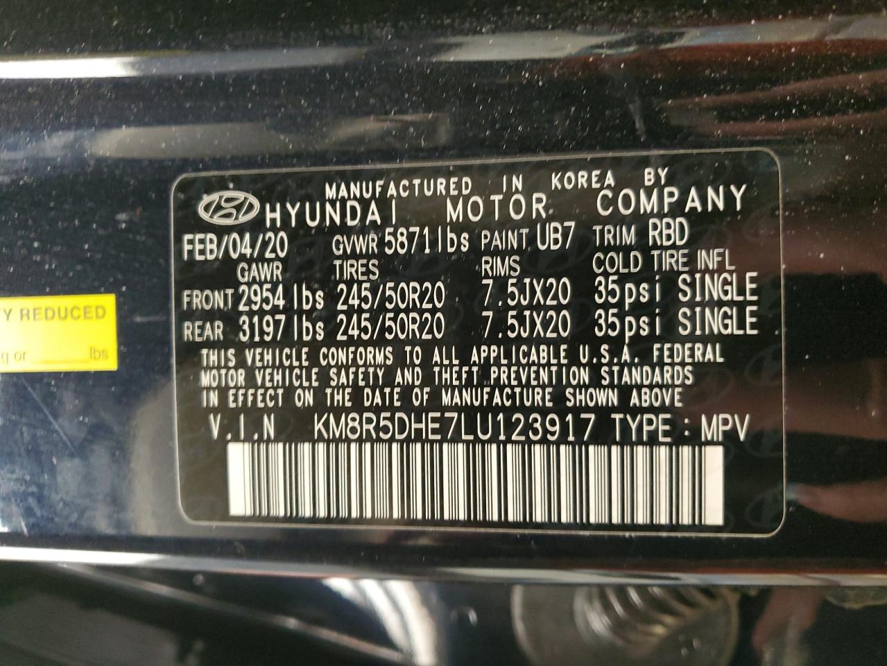 KM8R5DHE7LU123917 2020 Hyundai Palisade Limited