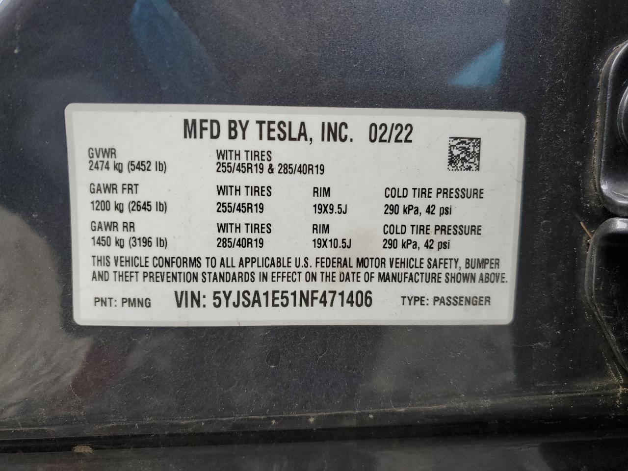 2022 Tesla Model S VIN: 5YJSA1E51NF471406 Lot: 47989495